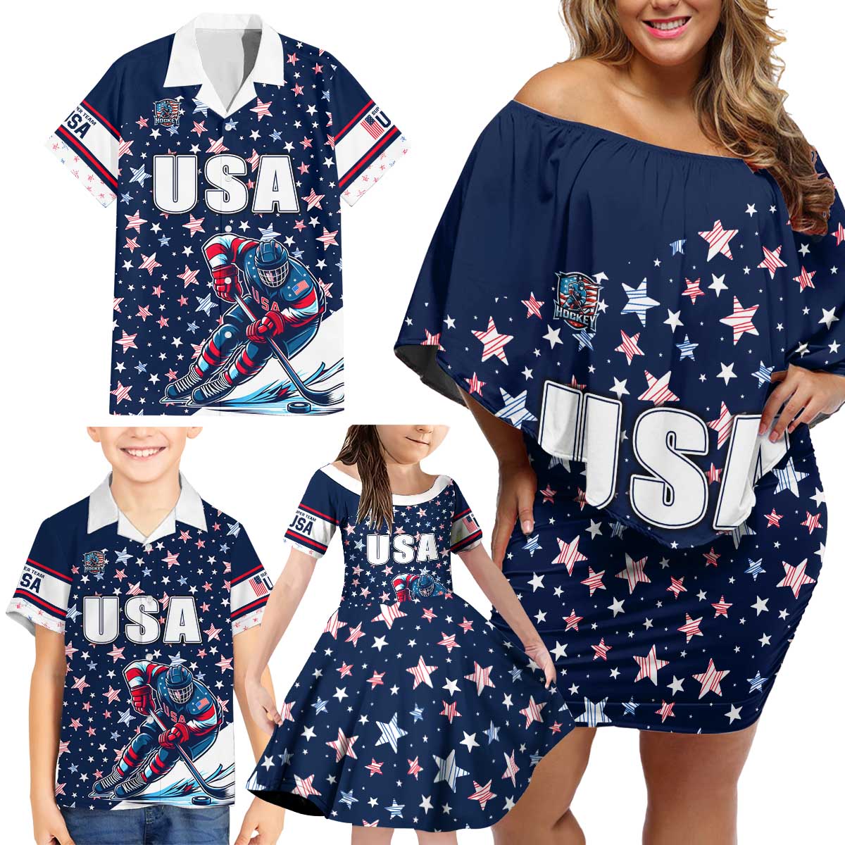 USA Hockey Family Matching Off Shoulder Short Dress and Hawaiian Shirt Summer Paris 2024 - Wonder Print Shop