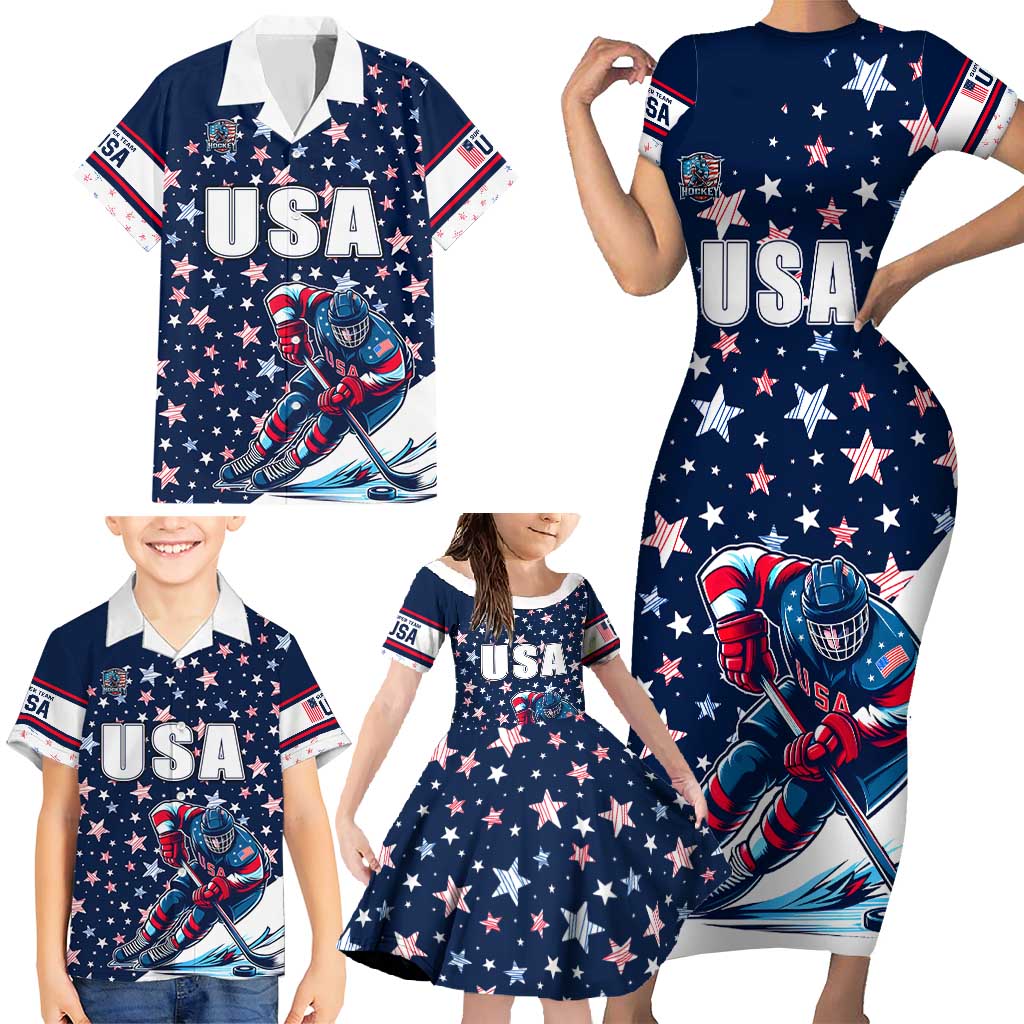 USA Hockey Family Matching Short Sleeve Bodycon Dress and Hawaiian Shirt Summer Paris 2024 - Wonder Print Shop