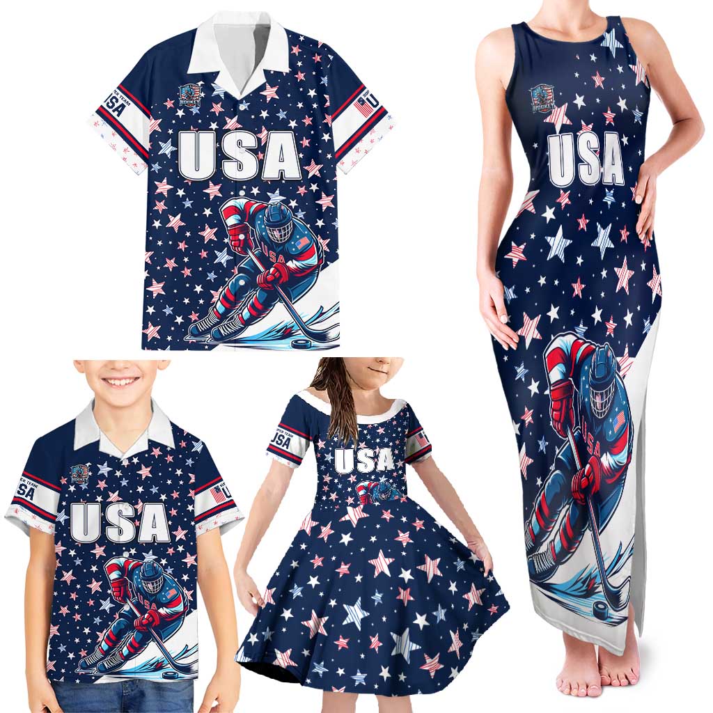 USA Hockey Family Matching Tank Maxi Dress and Hawaiian Shirt Summer Paris 2024 - Wonder Print Shop