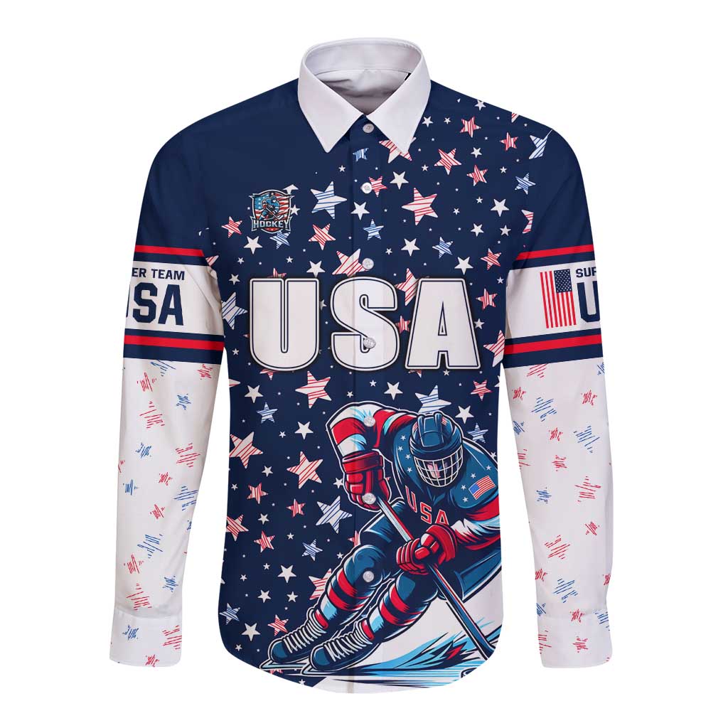 Long-sleeve button shirt, blue USA graphic with hockey player and star pattern