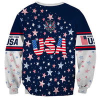 Unisex blue hockey sweatshirt with stars, large USA graphic, crest logo, and striped sleeves