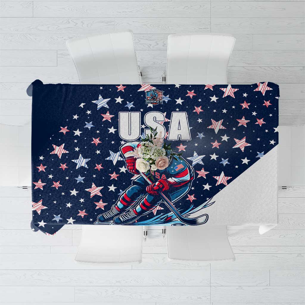 USA ice hockey tablecloth flat lay, navy blue with “USA” and astronaut hockey design