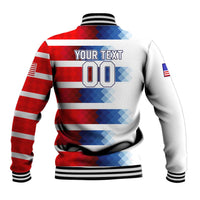 Unisex baseball jacket back, red and white stripes, 'YOUR TEXT' 00, ribbed hem and cuffs
