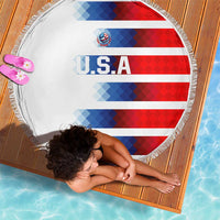 Round beach blanket, white U.S.A graphic with red-blue stripes and fringed border