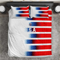 White bedding set with red-and-blue diagonal stripe USA graphic and matching pillow