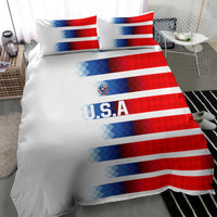 White bedding set featuring red-and-blue diagonal USA stripes, U.S.A text, and crest