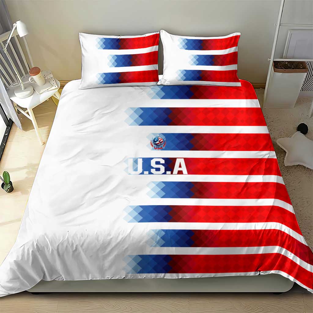 White comforter with red-and-blue diagonal USA flag stripe design and two pillowcases