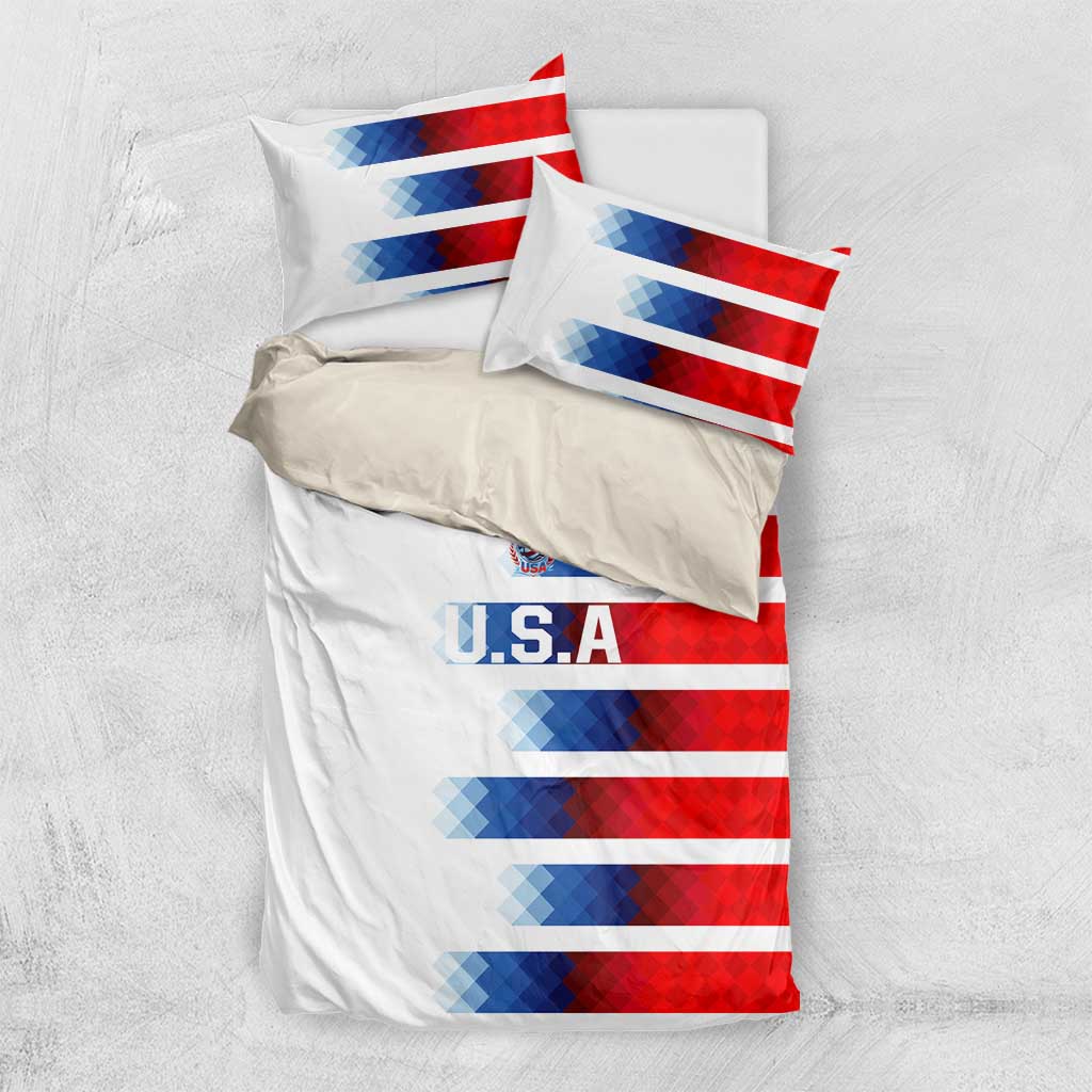 White bedding set with red-and-blue diagonal USA stripes and U.S.A lettering on duvet