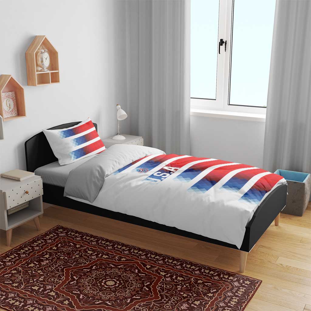 White duvet with red-and-blue diagonal USA stripe print and two matching pillowcases
