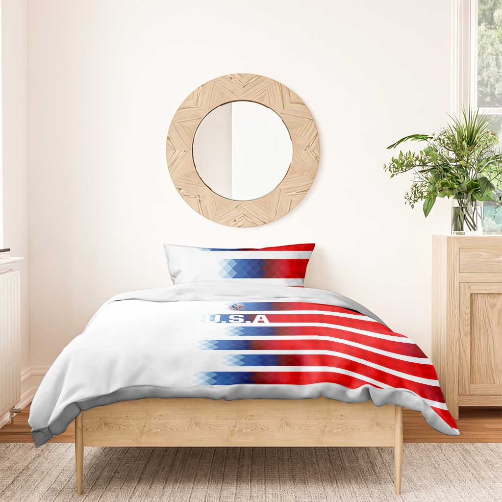 White duvet with red-and-blue diagonal USA stripe graphic and U.S.A text, two pillows