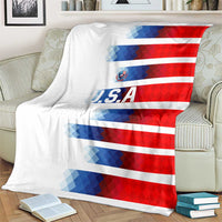 USA soccer blanket on armchair with U.S.A text and red-blue stripe graphics on white