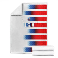 USA soccer blanket and folded rolls with red-blue stripe pattern and U.S.A logo on white