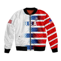 Unisex bomber jacket in white with red and blue USA flag graphic front, zip-up