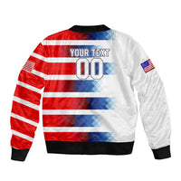 Unisex bomber jacket back in white with red/blue striped graphic, 'YOUR TEXT' 00