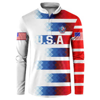 USA soccer button sweatshirt, front with U.S.A crest and bold red/blue striped graphics