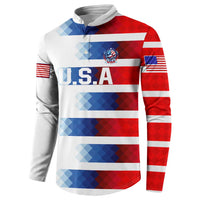 USA soccer button sweatshirt, front with U.S.A crest, red/blue plaid stripes and flag sleeve
