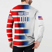 USA soccer button sweatshirt, back with 'YOUR TEXT' and '00' plus red/blue stripe sleeves