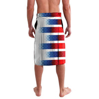White wrap skirt with blue plaid and red side stripe graphic, elastic waistband