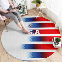 Round USA soccer rug with “U.S.A.” flag stripes in red, white, and blue, flat weave