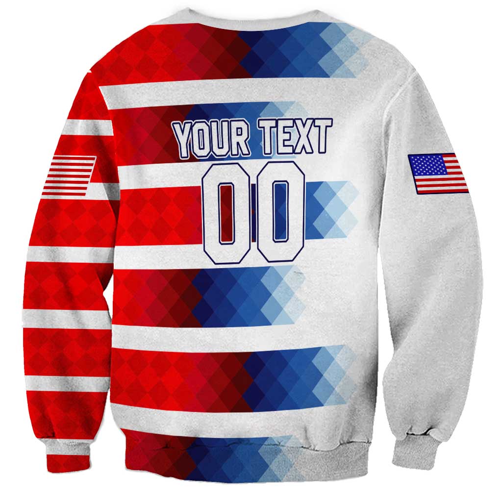 Unisex white USA soccer sweatshirt with back YOUR TEXT and 00 print, red/blue stripes