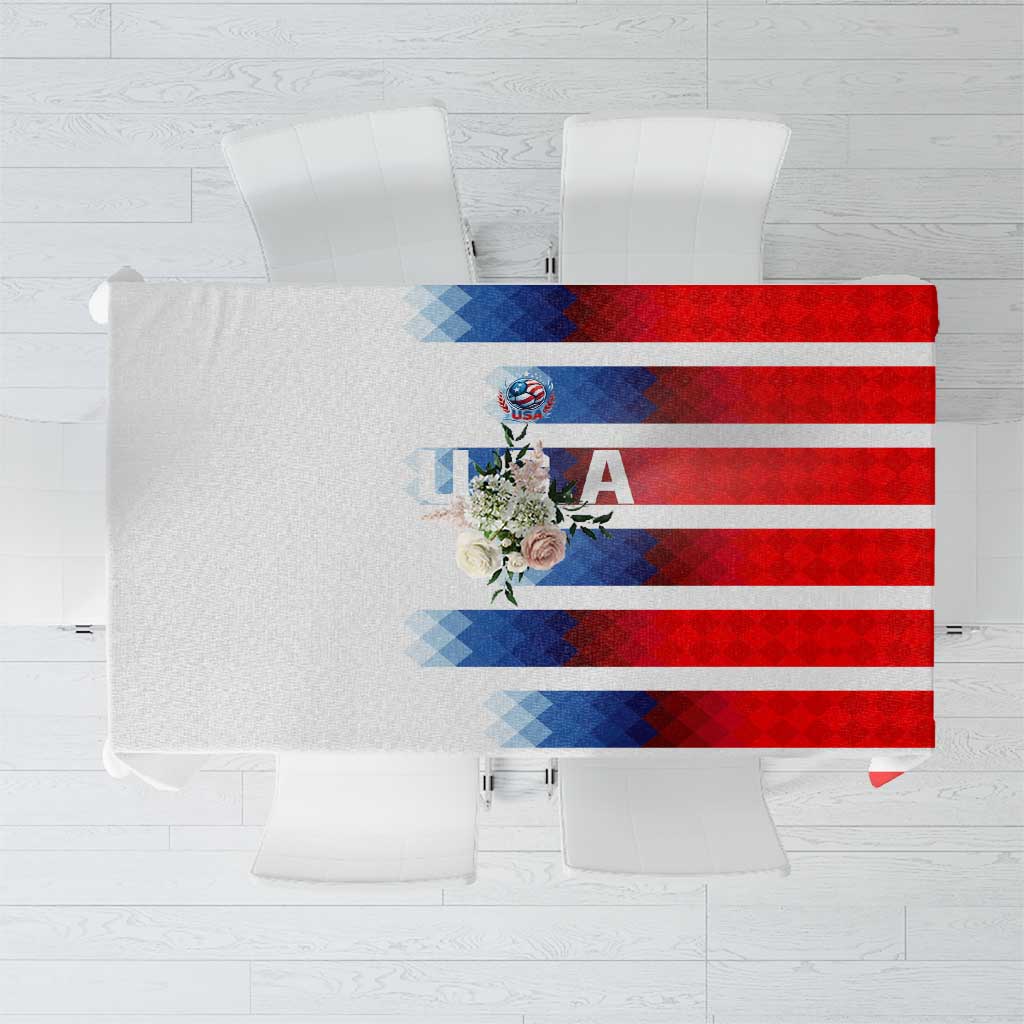 USA soccer tablecloth with red and white stripes and blue geometric panel, square top