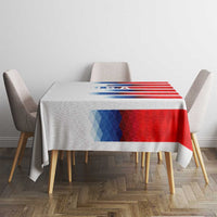 USA soccer tablecloth over round table with red-and-white stripes and blue band