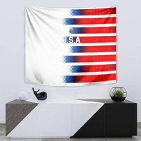 USA soccer tapestry featuring a crest and 'U.S.A' on red-and-blue stripes
