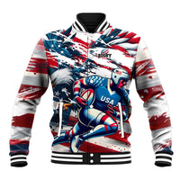 Unisex USA rugby baseball jacket, red/blue/white graphic front, ribbed collar and cuffs