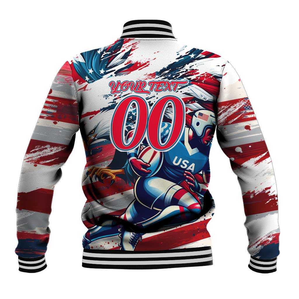 Unisex USA rugby baseball jacket, back number 00 graphic, striped ribbed collar and hem