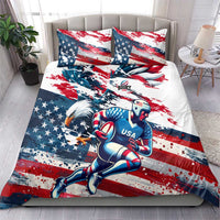 Patriotic rugby bedding set: white red blue duvet with flag and rugby player, two pillows