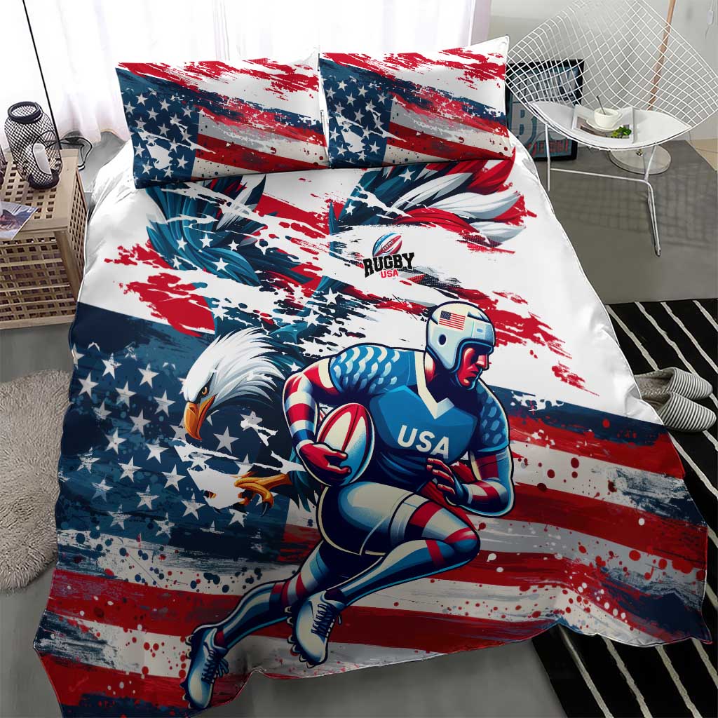 Patriotic rugby duvet cover and pillowcases with USA flag brush-stroke design and player