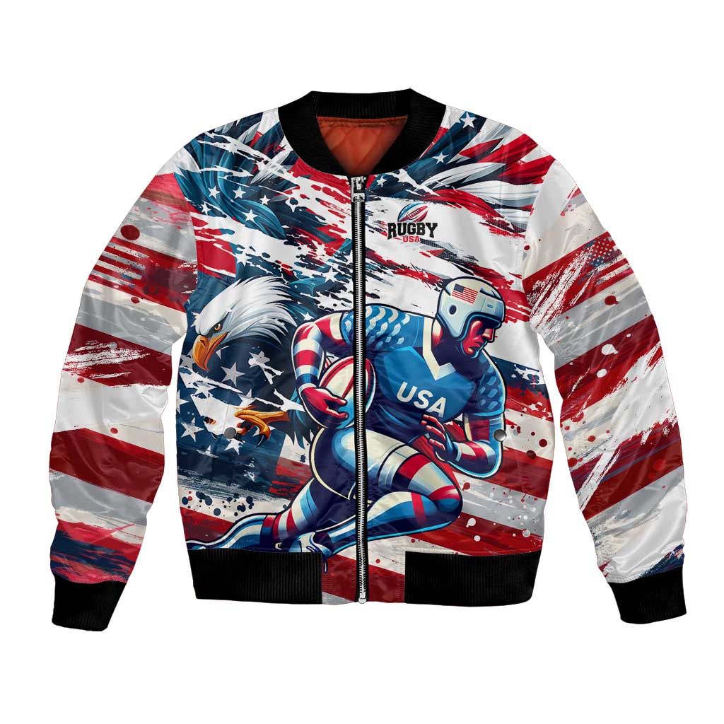 Unisex bomber jacket with full-zip front, red white blue rugby graphic and star print