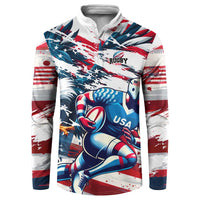 White rugby button sweatshirt with USA flag sleeves and player graphic, front full print