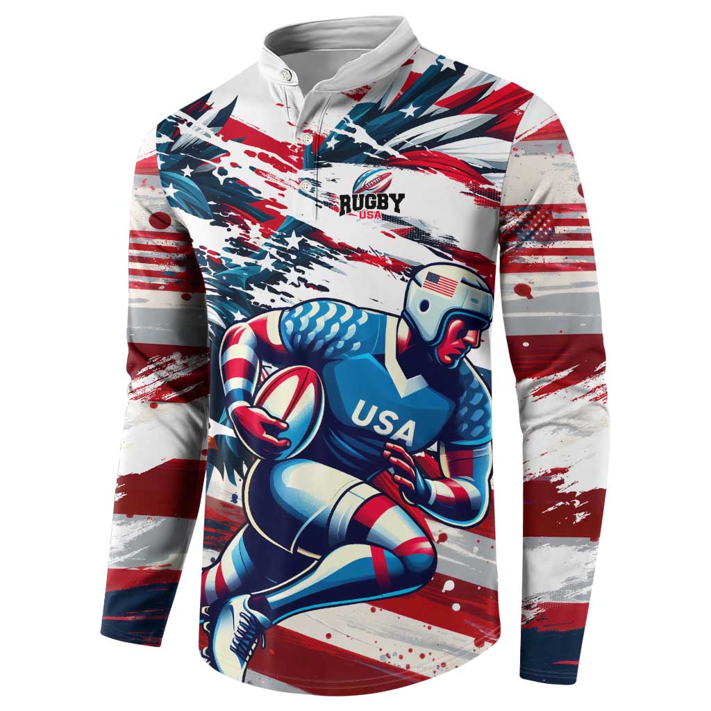 White rugby button sweatshirt with USA rugby player graphic and chest logo, front view