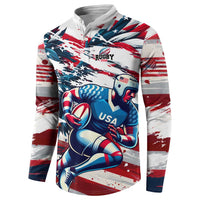 White rugby button sweatshirt with USA rugby player graphic and chest logo, front view