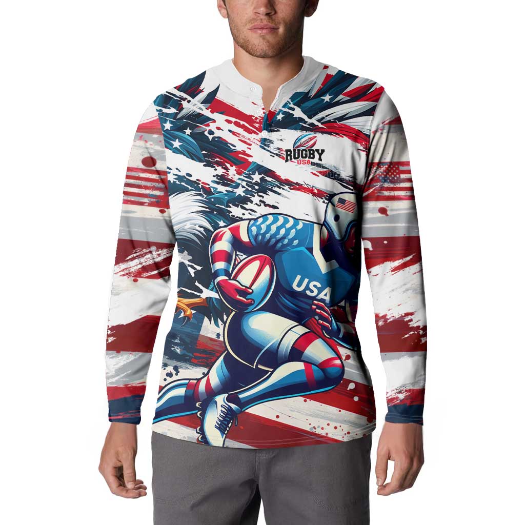 White rugby button sweatshirt with USA rugby player front graphic and button placket