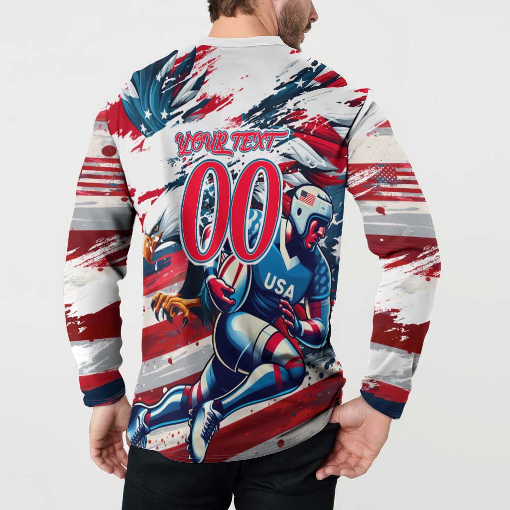 White rugby button sweatshirt with "YOUR TEXT 00" back graphic, long sleeves