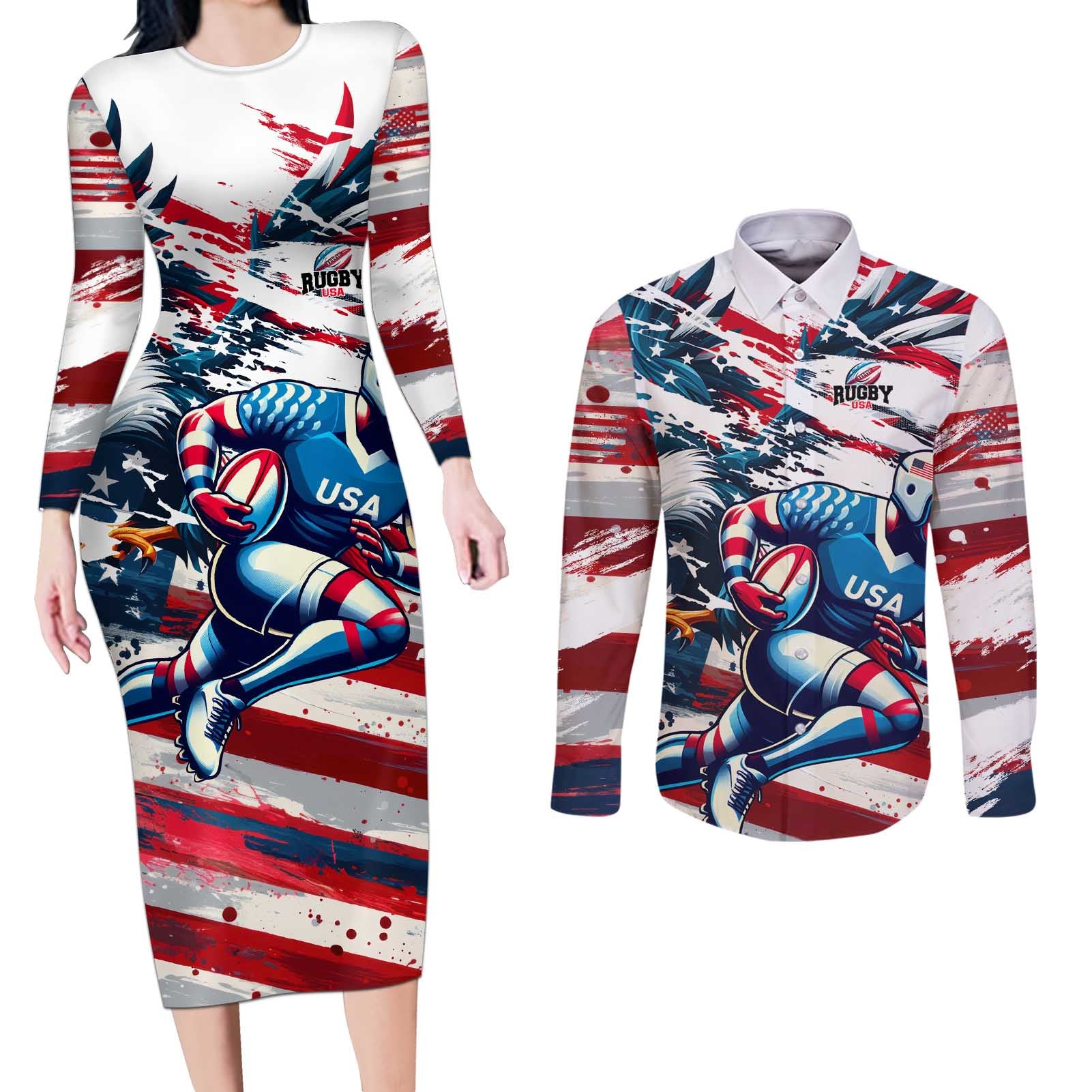 USA Rugby Couples Matching Long Sleeve Bodycon Dress and Long Sleeve Button Shirt Summer Paris 2024 - Wonder Print Shop