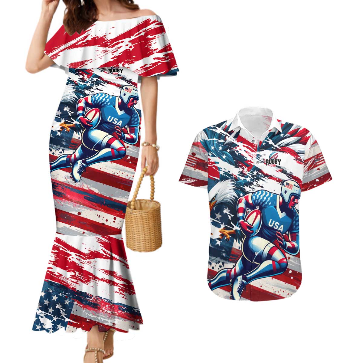 USA Rugby Couples Matching Mermaid Dress and Hawaiian Shirt Summer Paris 2024 - Wonder Print Shop