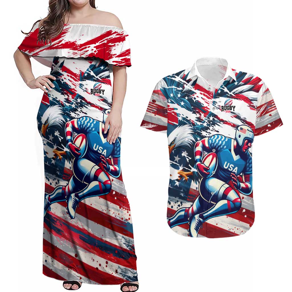 USA Rugby Couples Matching Off Shoulder Maxi Dress and Hawaiian Shirt Summer Paris 2024 - Wonder Print Shop