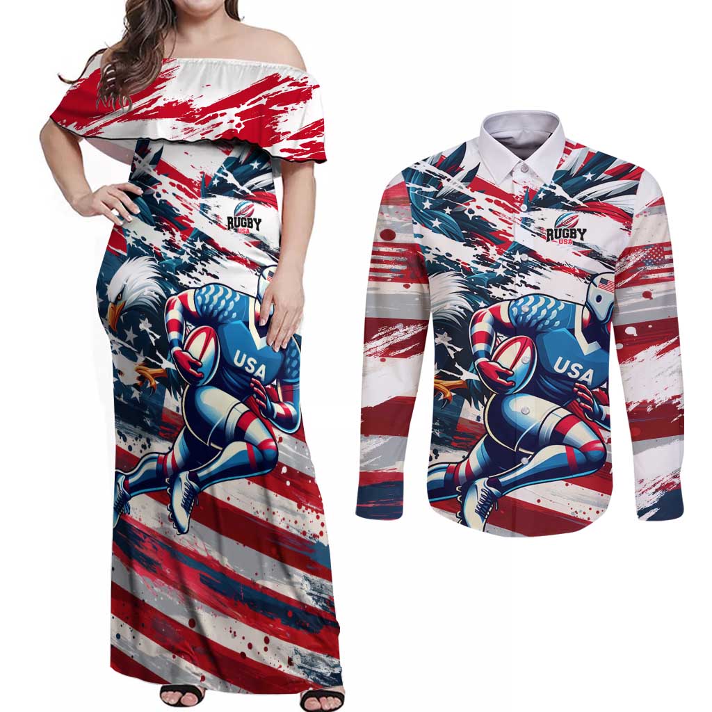 USA Rugby Couples Matching Off Shoulder Maxi Dress and Long Sleeve Button Shirt Summer Paris 2024 - Wonder Print Shop