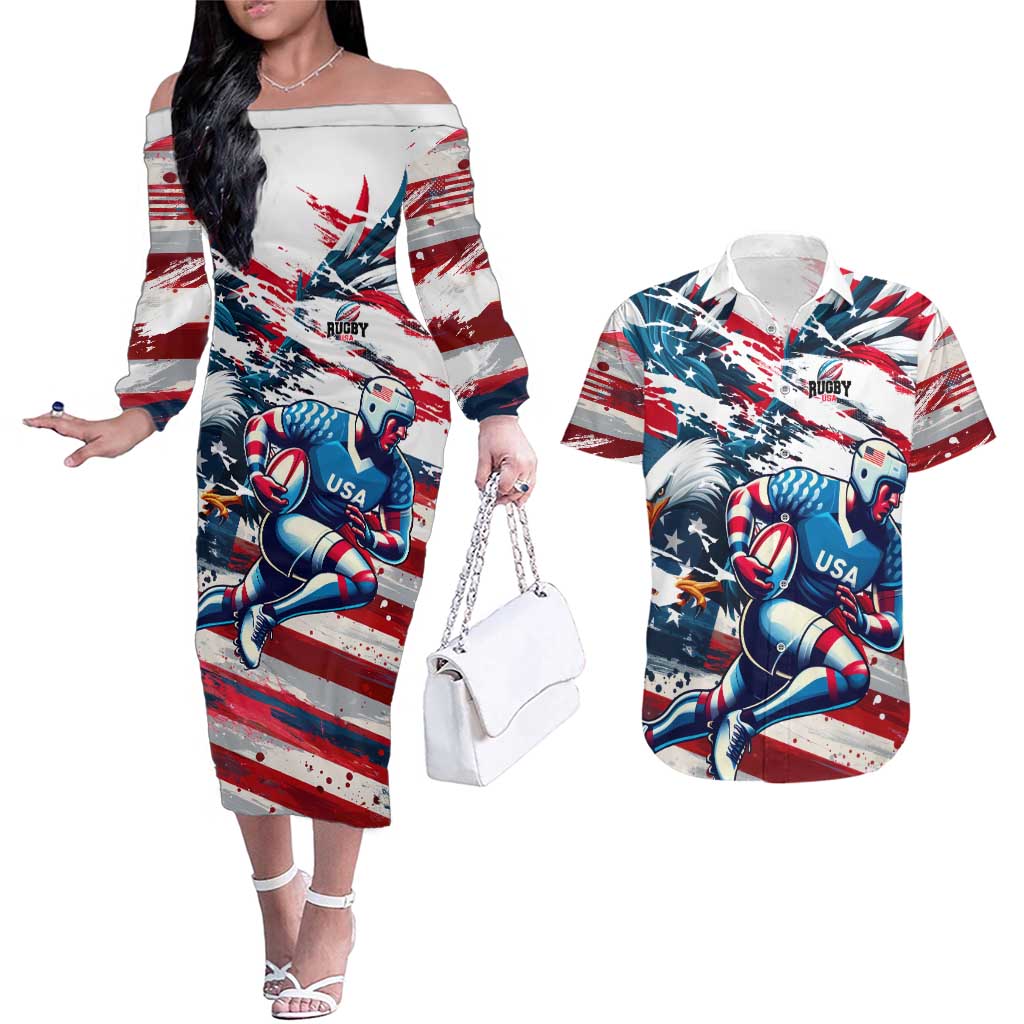 USA Rugby Couples Matching Off The Shoulder Long Sleeve Dress and Hawaiian Shirt Summer Paris 2024 - Wonder Print Shop