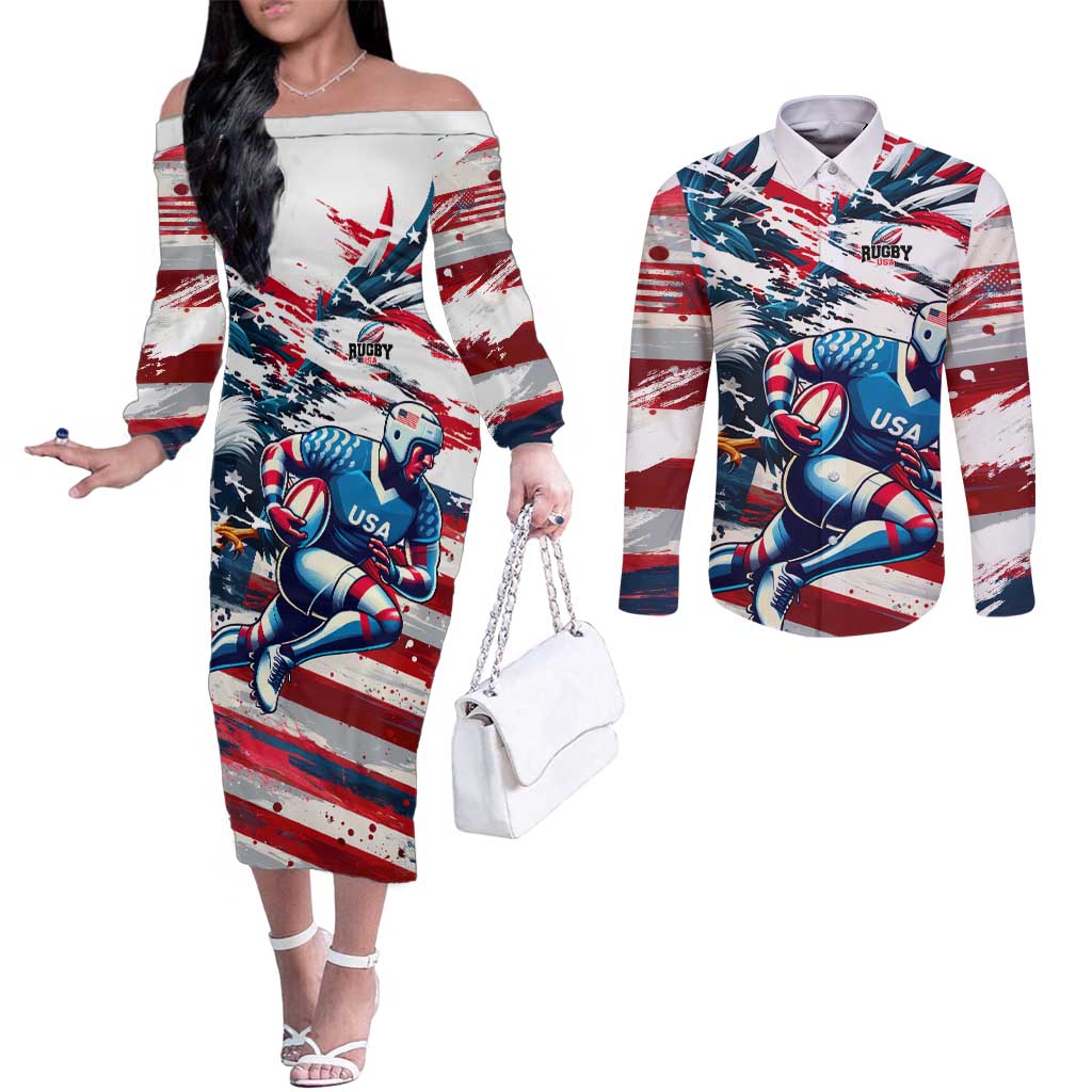 USA Rugby Couples Matching Off The Shoulder Long Sleeve Dress and Long Sleeve Button Shirt Summer Paris 2024