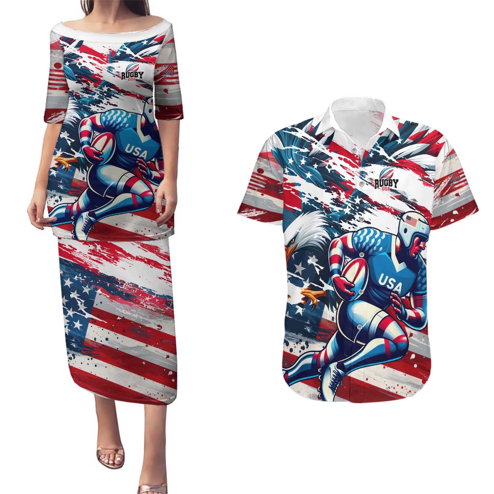 USA Rugby Couples Matching Puletasi and Hawaiian Shirt Summer Paris 2024 - Wonder Print Shop