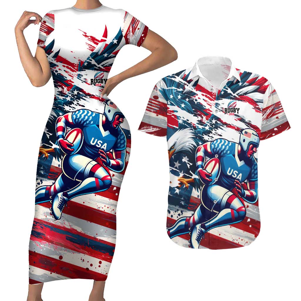 USA Rugby Couples Matching Short Sleeve Bodycon Dress and Hawaiian Shirt Summer Paris 2024 - Wonder Print Shop