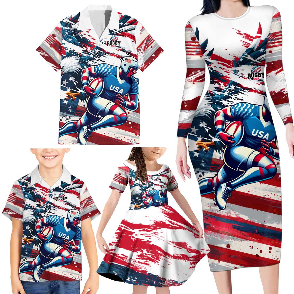 USA Rugby Family Matching Long Sleeve Bodycon Dress and Hawaiian Shirt Summer Paris 2024 - Wonder Print Shop