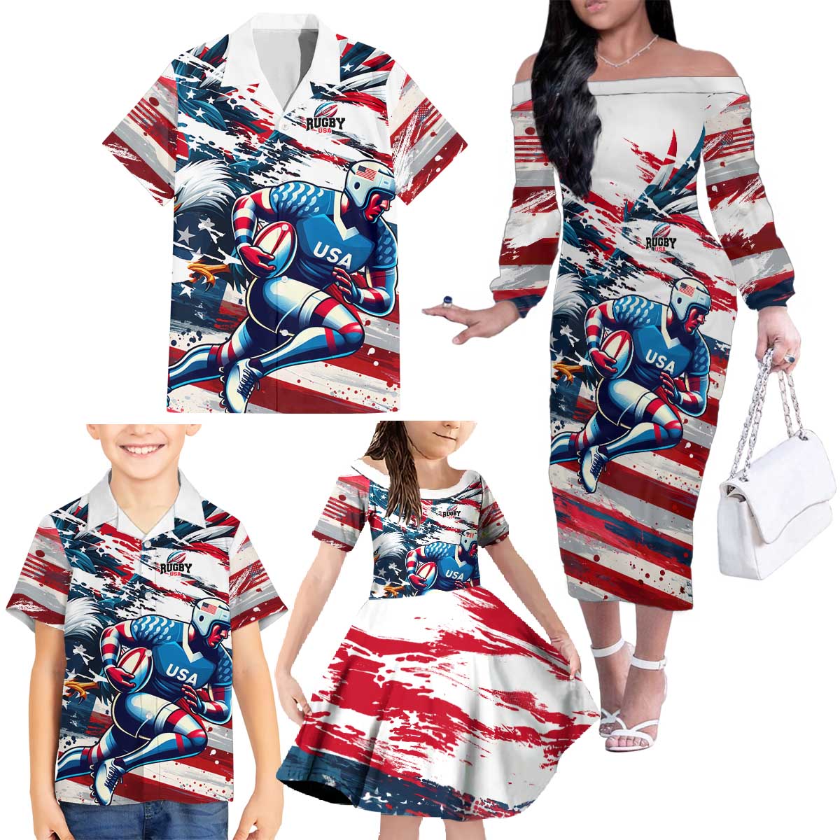 USA Rugby Family Matching Off The Shoulder Long Sleeve Dress and Hawaiian Shirt Summer Paris 2024 - Wonder Print Shop