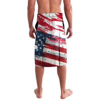 Men's patriotic graphic swim shorts with red, white, and blue stripes and stars