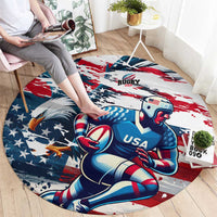 Round rugby rug showing USA flag background and blue player with ball graphic