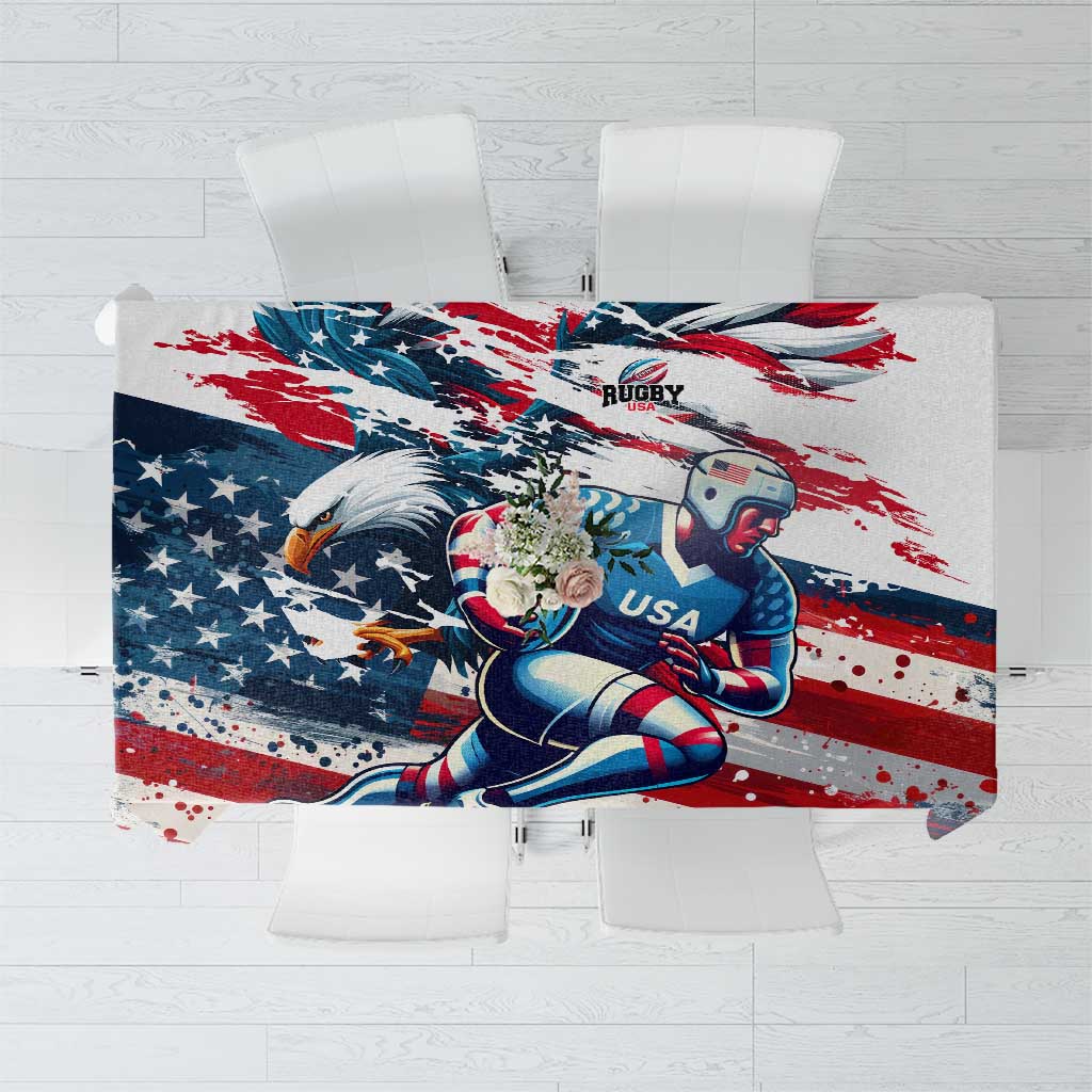 Rugby-themed tablecloth with central player graphic and USA flag paint background